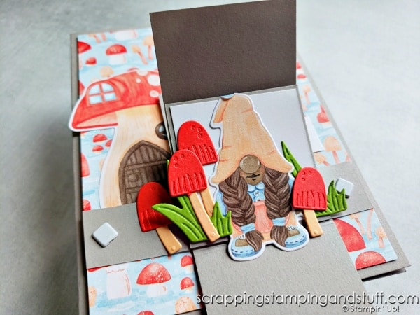 Click to learn how to make a waterfall card, quickly and easily with both photo and video tutorials! Features the Stampin Up Kindest Gnomes bundle.