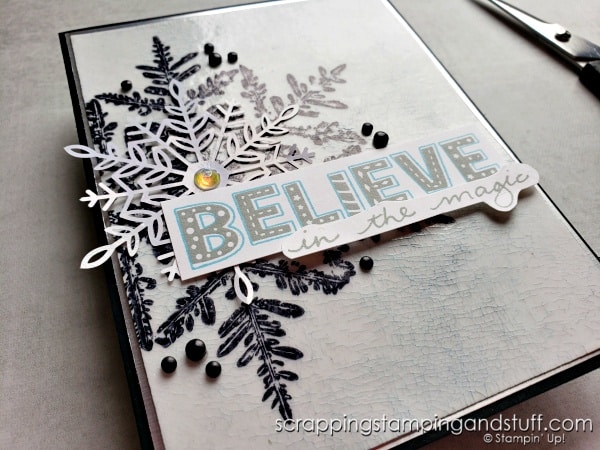 Try this crackled glass cardmaking technique for beautiful projects! Sample features a lovely winter card using Stampin Up Snow Crystal.