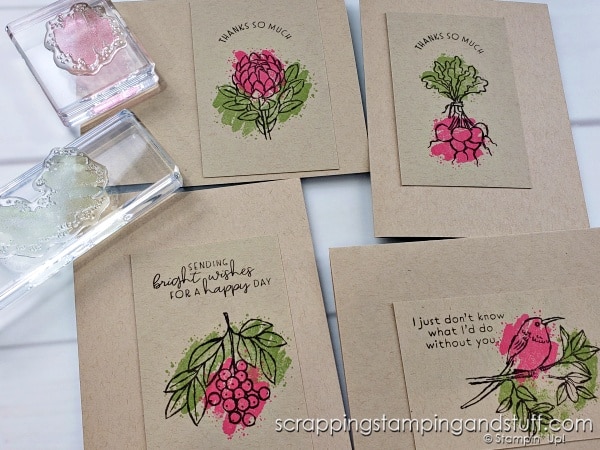 Have you tried carefree coloring? Stop staying inside the lines and give this a try! Sample cards use the Stampin Up Eclectic Garden stamp set.