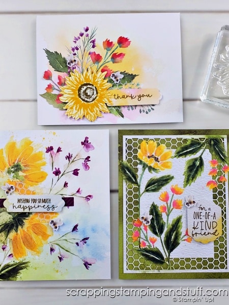 The August 2022 Paper Pumpkin kit includes 9 beautiful cards featuring sunflowers, honeycomb elements, and other florals. Take a look!