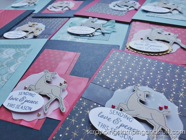 Get tips & tricks for mass producing Christmas cards - save time and still make one of a kind cards using these ideas. Samples feature Stampin Up Peaceful Deer