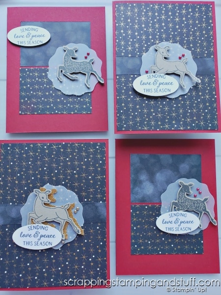 Get tips & tricks for mass producing Christmas cards - save time and still make one of a kind cards using these ideas. Samples feature Stampin Up Peaceful Deer