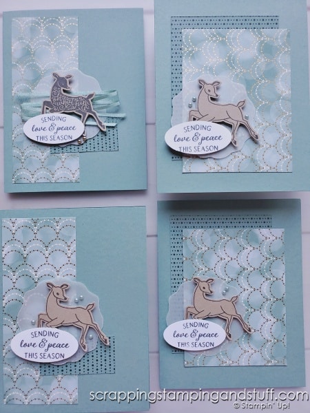 Get tips & tricks for mass producing Christmas cards - save time and still make one of a kind cards using these ideas. Samples feature Stampin Up Peaceful Deer