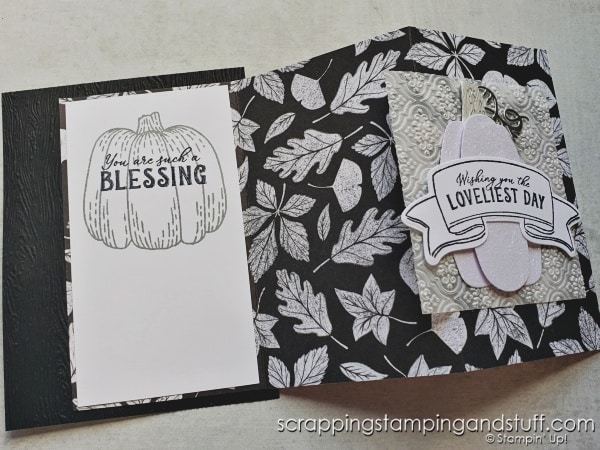 Make your cards POP with black and white! Simple fun fold card design, how to see both sides of your designer papers, and the Stampin Up Rustic Harvest bundle.