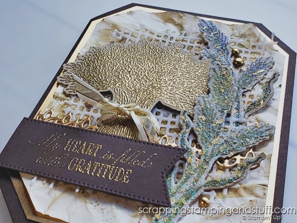 Click to see this stunning card full of techniques, layers, texture and more - featuring the Stampin Up Gathered Wheat bundle.