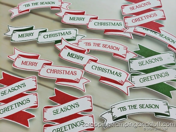 Create tons of die cut sentiment tags FAST with the Stampin Up Christmas Banners bundle! Personalize with other sentiment stamps to create tags for any occasion!