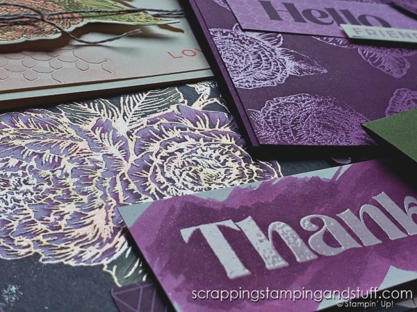 Click to see 5 heat embossing techniques to try today! Samples feature Stampin Up Fragrant Flowers, and include Joseph's Coat technique, watercolor wash, multicolor embossing, and how to emboss in any color!