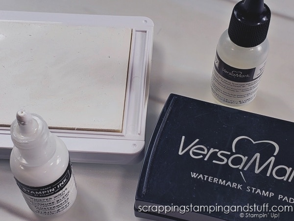 Do you struggle to re-ink stamp pads with thick inks like Versamark or white craft ink? If so, click to see 2 quick tips to re-ink these pads quickly and easily!