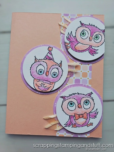 4 simple card layouts and 4 quick ways to color outline stamps! Take a look at these card ideas featuring the Stampin Up Adorable Owls stamp set!