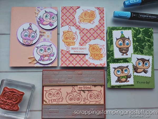 4 simple card layouts and 4 quick ways to color outline stamps! Take a look at these card ideas featuring the Stampin Up Adorable Owls stamp set!