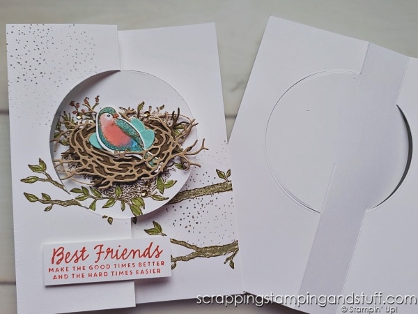 Wow your friends with this flip fold card design that you can make simply with circle dies in your stamping collection! The lovely decorations on mine are from the Stampin Up Nested Friends bundle.