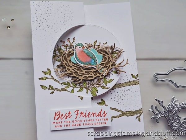 Wow your friends with this flip fold card design that you can make simply with circle dies in your stamping collection! The lovely decorations on mine are from the Stampin Up Nested Friends bundle.