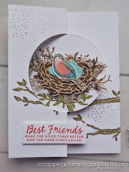 Wow your friends with this flip fold card design that you can make simply with circle dies in your stamping collection! The lovely decorations on mine are from the Stampin Up Nested Friends bundle.