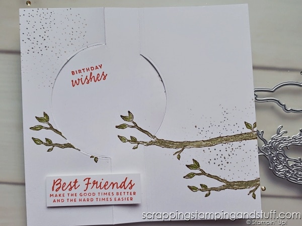 Wow your friends with this flip fold card design that you can make simply with circle dies in your stamping collection! The lovely decorations on mine are from the Stampin Up Nested Friends bundle.