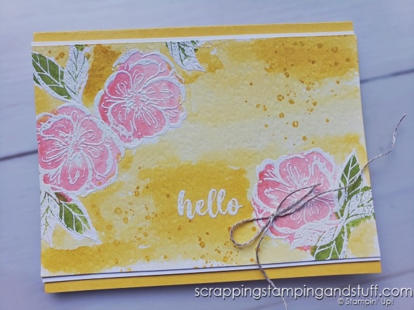 Click to learn how to do watercolor resist - a simple yet stunning card making technique. Begin by heat embossing and apply watercolor over top. Stampin Up Growth Takes Time and Irresistible Blooms.