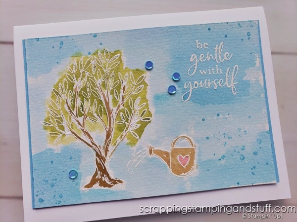 Click to learn how to do watercolor resist - a simple yet stunning card making technique. Begin by heat embossing and apply watercolor over top. Stampin Up Growth Takes Time and Irresistible Blooms.
