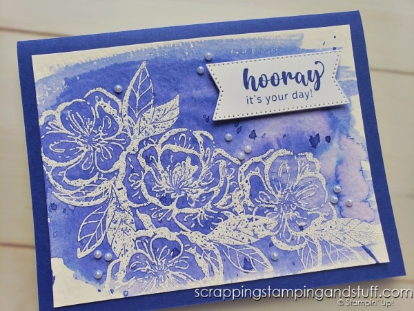 Click to learn how to do watercolor resist - a simple yet stunning card making technique. Begin by heat embossing and apply watercolor over top. Stampin Up Growth Takes Time and Irresistible Blooms.