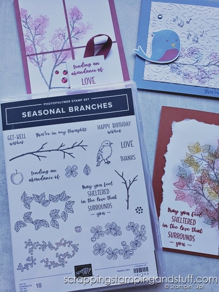 Click to see a new way to ink your stamps! I'm not using the stamp on an ink pad, and the results are amazing. Try this technique yourself! Samples feature Stampin Up Seasonal Branches