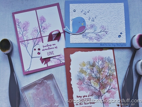 Click to see a new way to ink your stamps! I'm not using the stamp on an ink pad, and the results are amazing. Try this technique yourself! Samples feature Stampin Up Seasonal Branches
