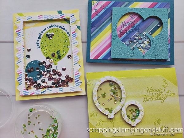 Click to see three creative shaker card ideas using the Stampin Up Beautiful Balloons bundle! Step up your shaker cards with these ideas!