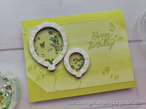 Click to see three creative shaker card ideas using the Stampin Up Beautiful Balloons bundle! Step up your shaker cards with these ideas!