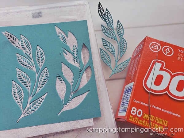 Try this dryer sheet die cutting hack today and save hours poking out those little pieces from your die cuts! Awesome card making hack