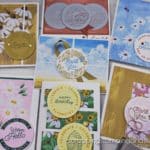 Click to see 7 simple card layouts using a circle punch. Samples feature the Stampin Up Circle Sayings bundle.
