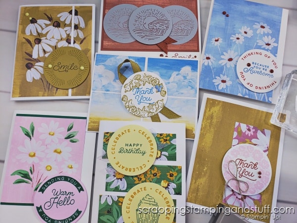 Click to see 7 simple card layouts using a circle punch. Samples feature the Stampin Up Circle Sayings bundle.