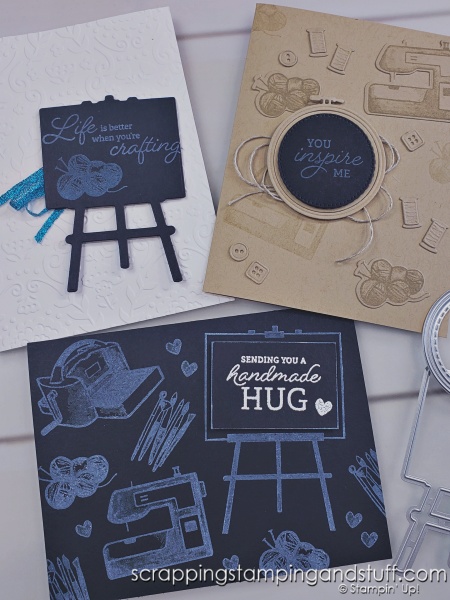 Click to see how to create chalkboard-inspired cards using black cardstock and white ink. Samples feature the Stampin Up Crafting With You bundle.