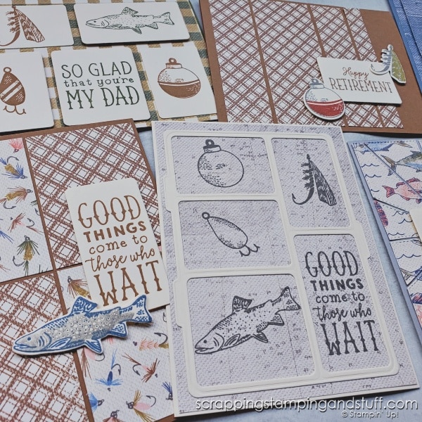 Click to see these 7 card layouts to show how to use your paper stash by making panel cards! Masculine card samples feature the Stampin Up Gone Fishing bundle.
