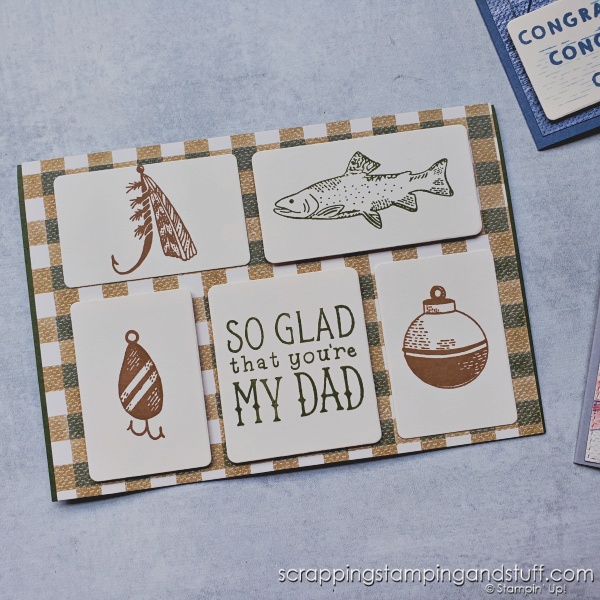 Click to see these 7 card layouts to show how to use your paper stash by making panel cards! Masculine card samples feature the Stampin Up Gone Fishing bundle.