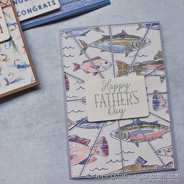 Click to see these 7 card layouts to show how to use your paper stash by making panel cards! Masculine card samples feature the Stampin Up Gone Fishing bundle.