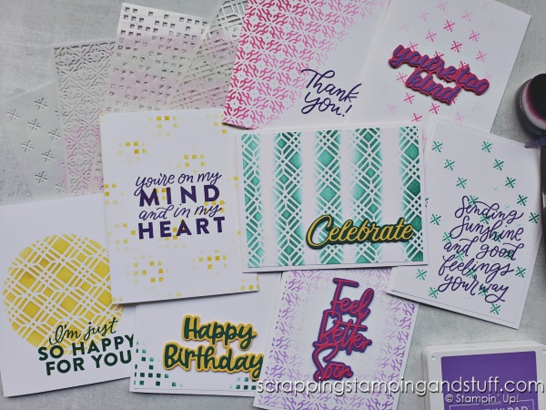 Have you tried this with your masks? Click to see 8 creative ways to use your blending brushes and masks along with finished cards using the Stampin Up Wanted To Say die set.