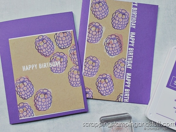 Click to see a simple shadow stamping technique using white ink, which also allows you to stamp on colored cardstock and get a true color result! Cards feature the Stampin Up Hello Kiwi stamp set.