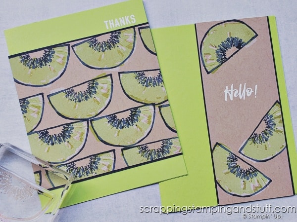 Click to see a simple shadow stamping technique using white ink, which also allows you to stamp on colored cardstock and get a true color result! Cards feature the Stampin Up Hello Kiwi stamp set.