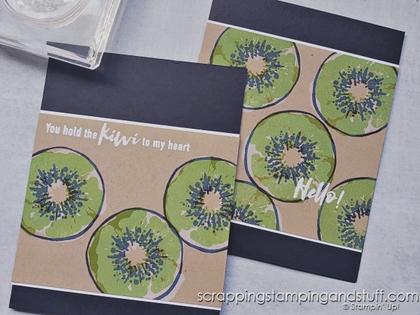 Click to see a simple shadow stamping technique using white ink, which also allows you to stamp on colored cardstock and get a true color result! Cards feature the Stampin Up Hello Kiwi stamp set.