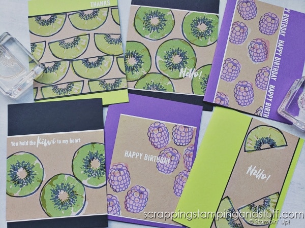 Click to see a simple shadow stamping technique using white ink, which also allows you to stamp on colored cardstock and get a true color result! Cards feature the Stampin Up Hello Kiwi stamp set.