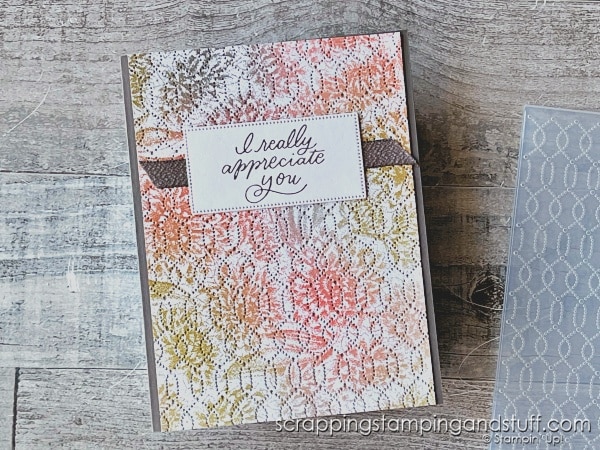 Use your embossing folders in a new way, by inking them to create this faux-fabric technique! Results are stunning with the Stampin Up Softly Sophisticated bundle!