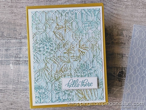 Use your embossing folders in a new way, by inking them to create this faux-fabric technique! Results are stunning with the Stampin Up Softly Sophisticated bundle!