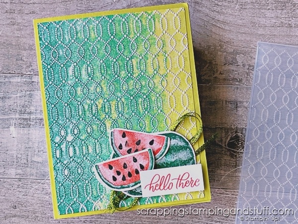 Use your embossing folders in a new way, by inking them to create this faux-fabric technique! Results are stunning with the Stampin Up Softly Sophisticated bundle!