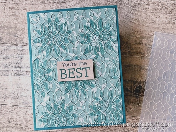 Use your embossing folders in a new way, by inking them to create this faux-fabric technique! Results are stunning with the Stampin Up Softly Sophisticated bundle!