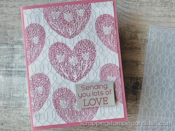 Use your embossing folders in a new way, by inking them to create this faux-fabric technique! Results are stunning with the Stampin Up Softly Sophisticated bundle!