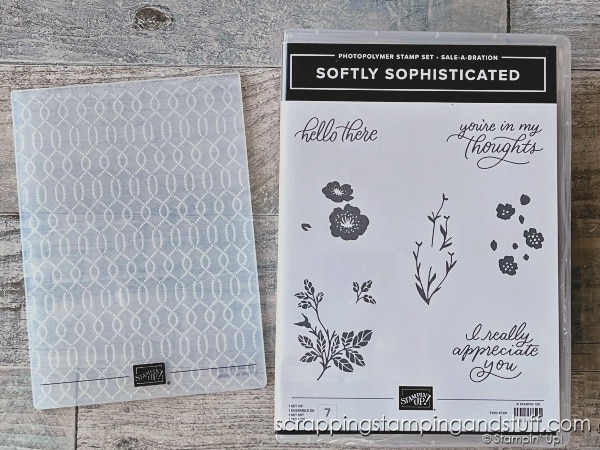 Use your embossing folders in a new way, by inking them to create this faux-fabric technique! Results are stunning with the Stampin Up Softly Sophisticated bundle!