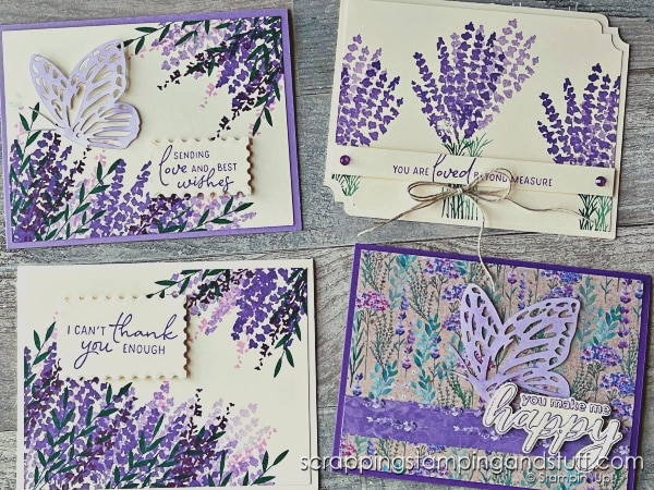 Click for details on making 9 gorgeous cards in just 20 minutes. These cards with Stampin Up Perennial Lavender are perfect for beginning through advanced stampers!