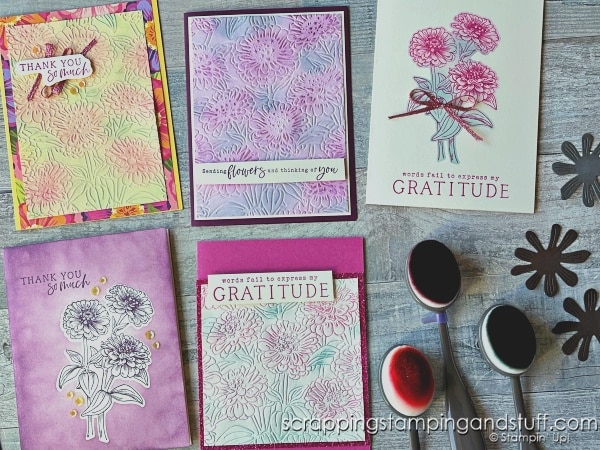 Click for 8 unique ways to use your blending brushes with embossing folder and die cuts! Cards feature Stampin Up Simply Zinnia