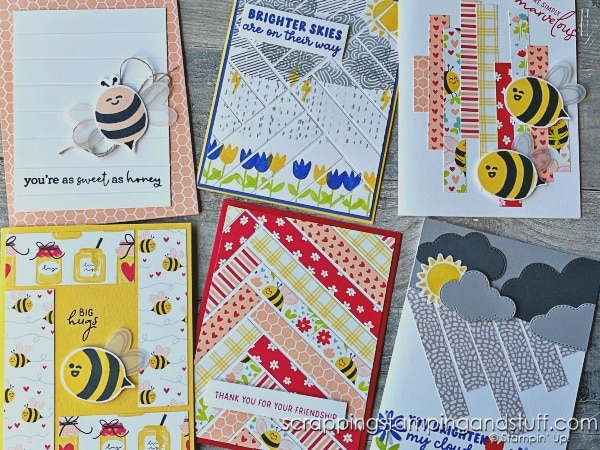 Click for 6 paper scrap card ideas to try today! Feature Stampin Up Bee My Valentine and Bright Skies