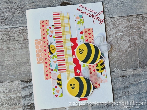 Click for 6 paper scrap card ideas to try today! Feature Stampin Up Bee My Valentine and Bright Skies