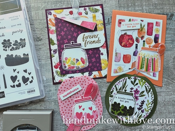 Learn to make custom shaped cards using any of the dies in your craft collection! Sample cares feature the Stampin Up Sweet Jar product bundle.