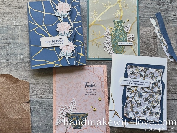 Broken is beautiful - even on card projects! Click to see techniques for making your cards look 'broken' yet beautiful! Featuring the Stampin Up Kintsugi product suite.
