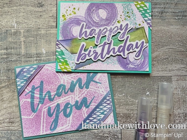 Click to see several simple ideas to use water spritzing techniques for card making. These cards are bright, bold, and tons of fun!